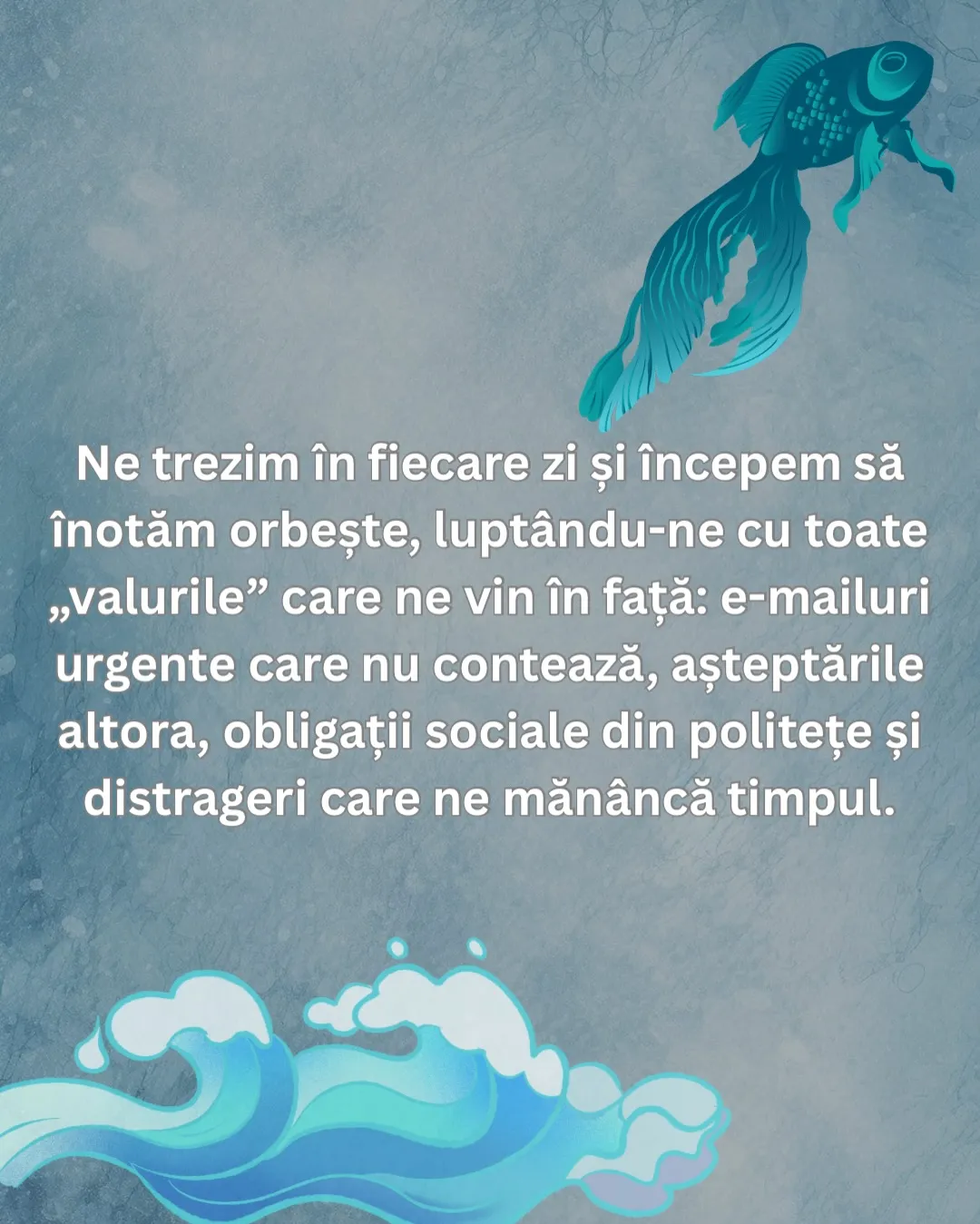 Ilustrație cu o țestoasă marină care înoată într-o apă albastră, cu textul postării scris peste