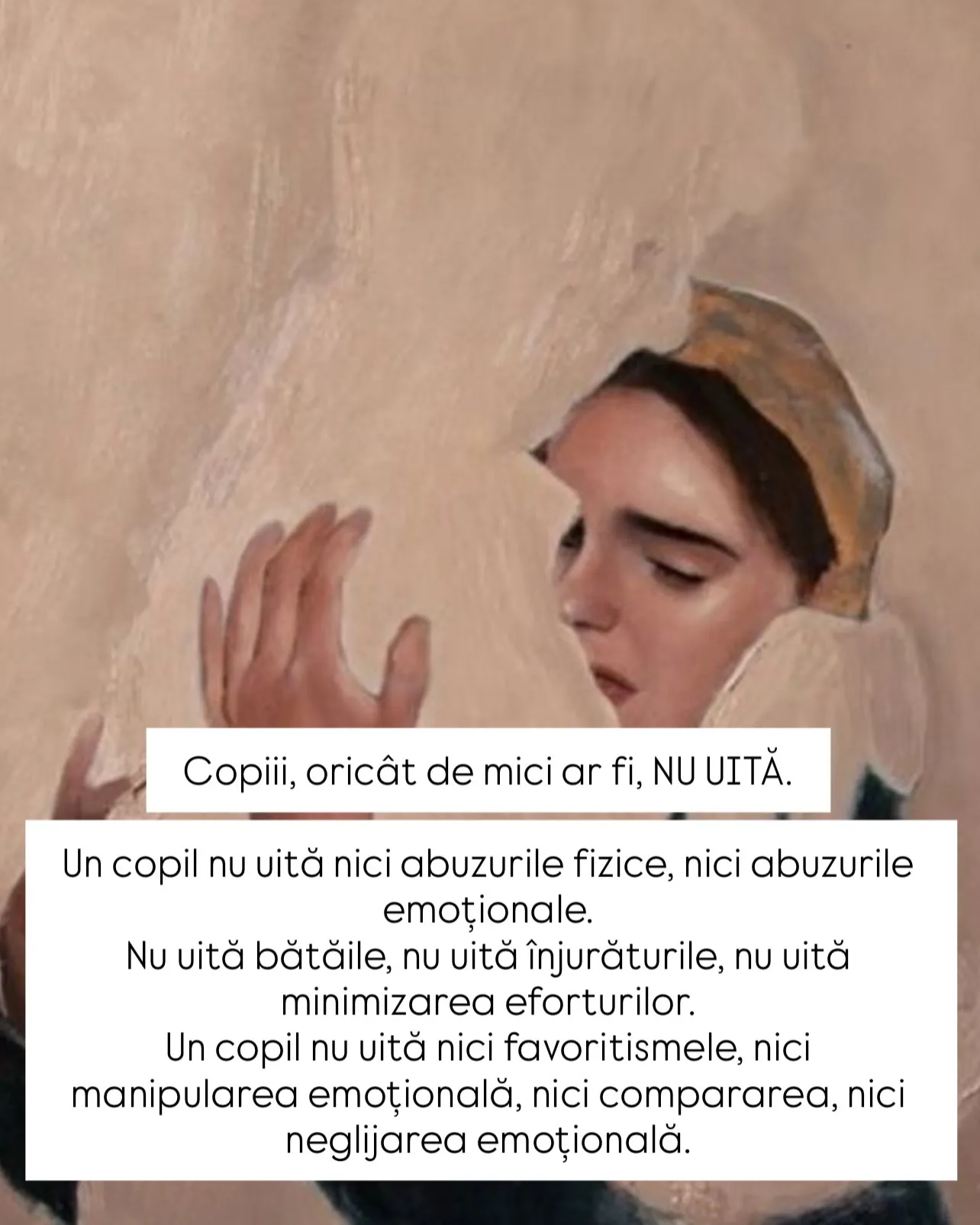 Pictură în tonuri de bej cu o femeie care își ferește privirea, cu textul postării scris peste