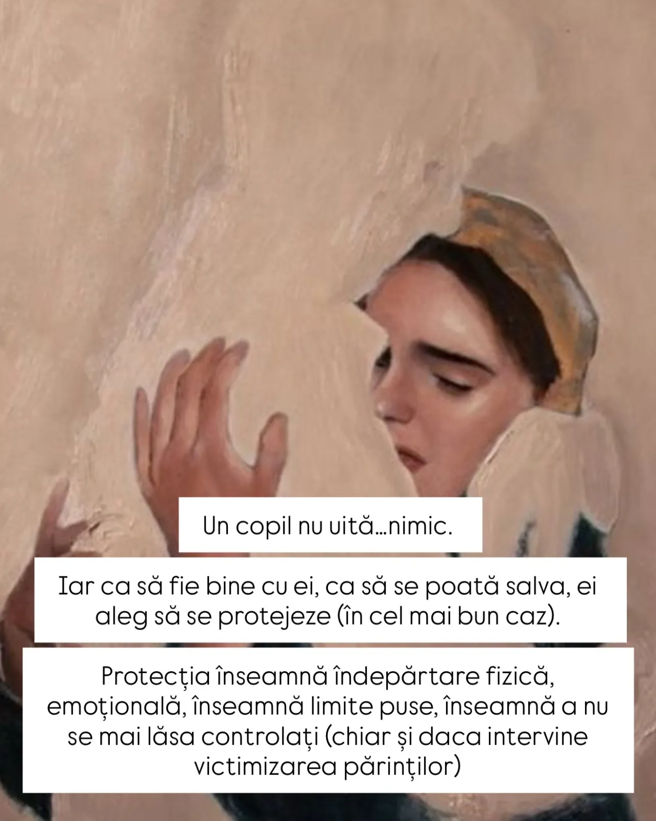 Pictură în tonuri de bej cu o femeie care își ferește privirea, cu textul postării scris peste