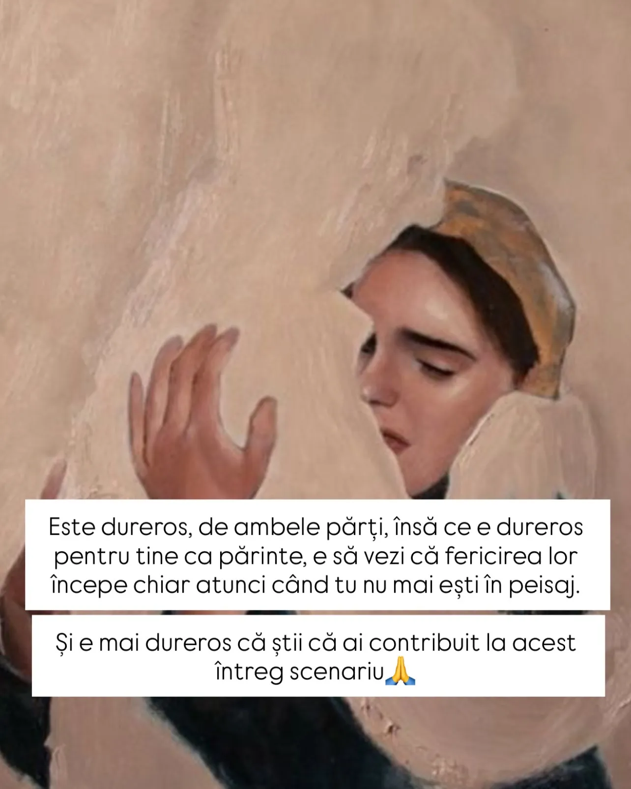 Pictură în tonuri de bej cu o femeie care își ferește privirea, cu textul postării scris peste