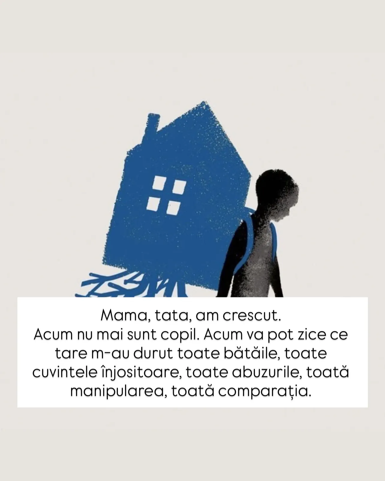 Ilustrație cu un copil care duce în spate o casă albastră cu rădăcini, cu textul scrisorii scris peste