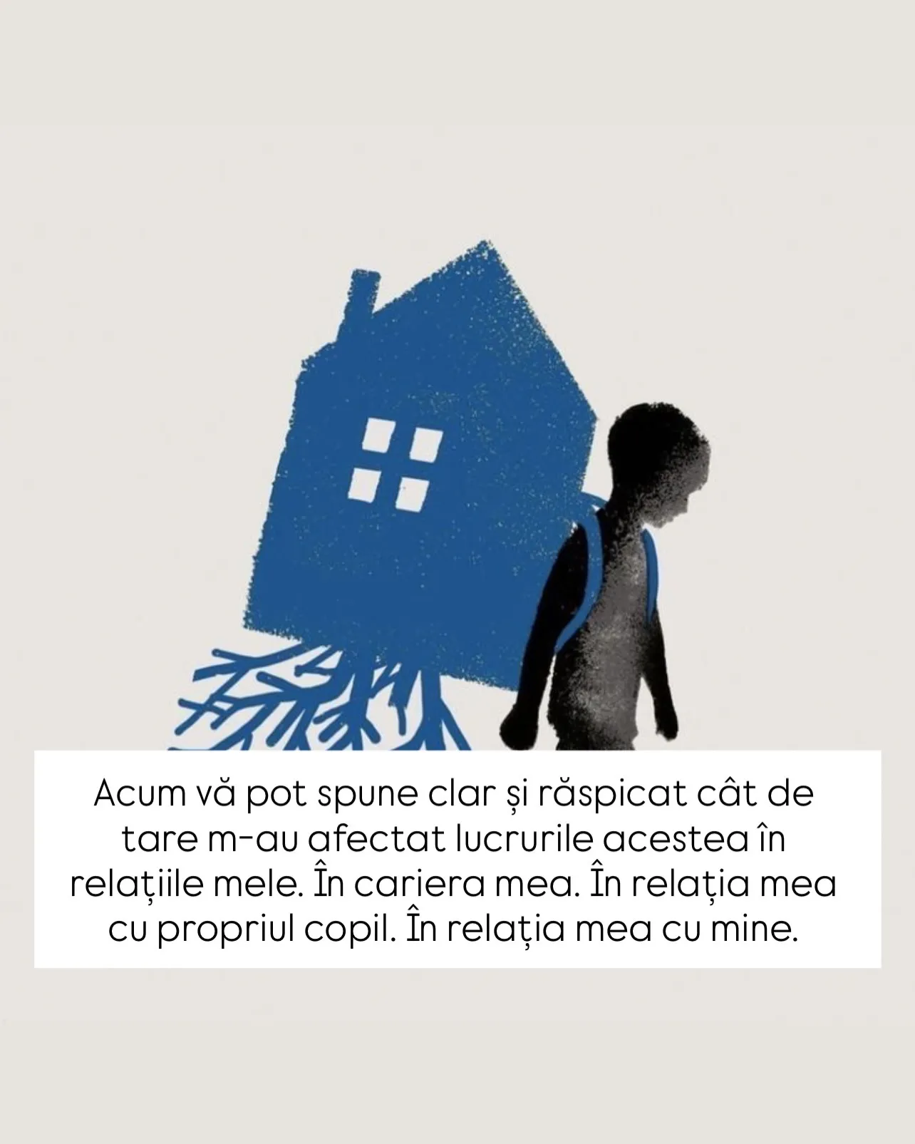 Ilustrație cu un copil care duce în spate o casă albastră cu rădăcini, cu textul scrisorii scris peste