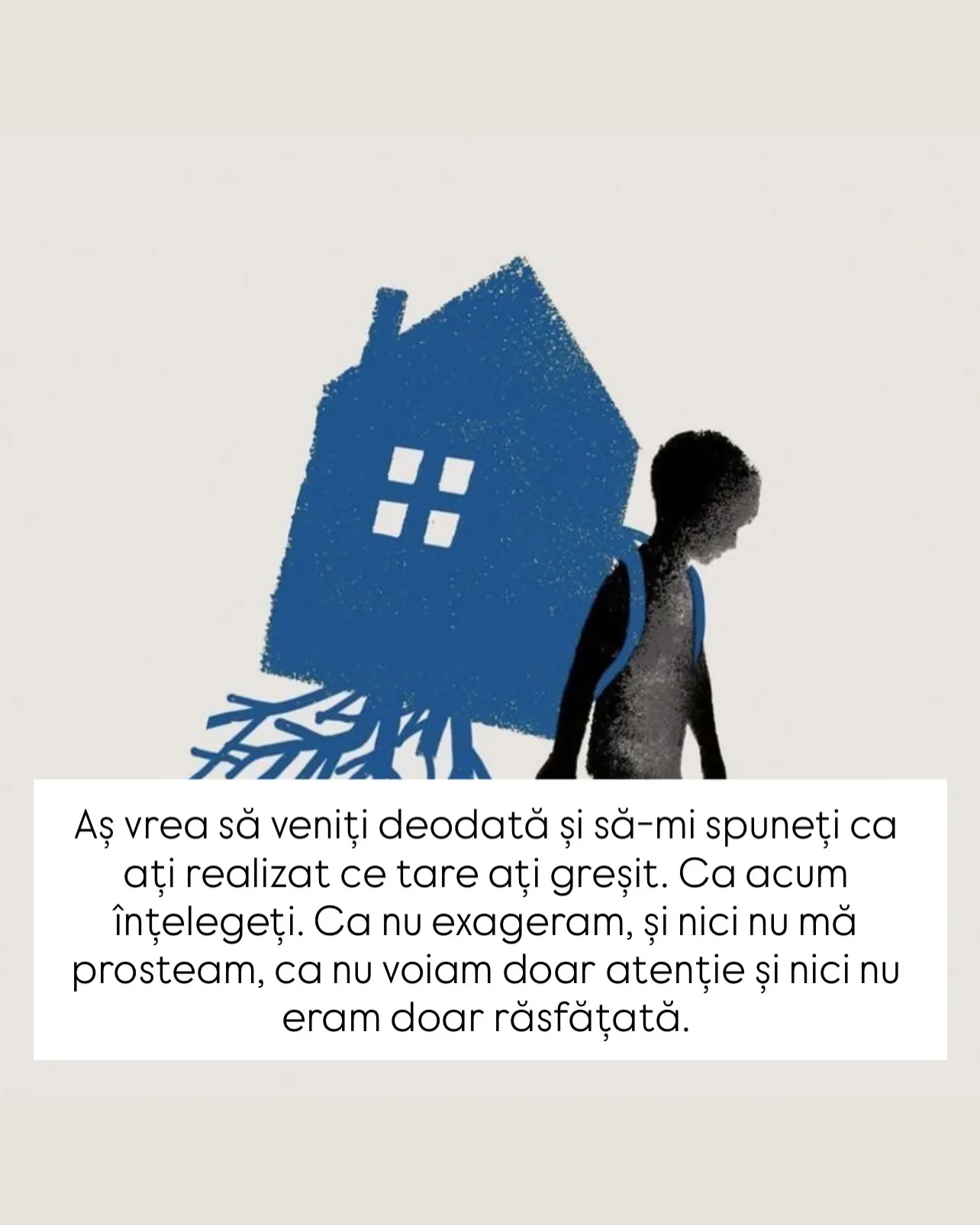 Ilustrație cu un copil care duce în spate o casă albastră cu rădăcini, cu textul scrisorii scris peste