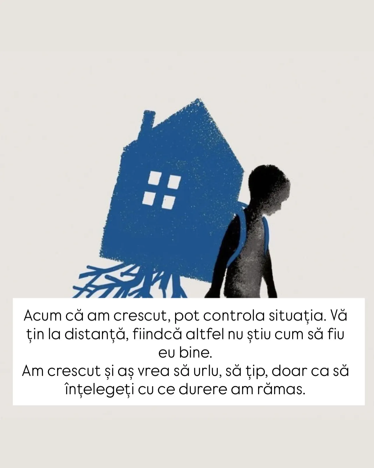 Ilustrație cu un copil care duce în spate o casă albastră cu rădăcini, cu textul scrisorii scris peste