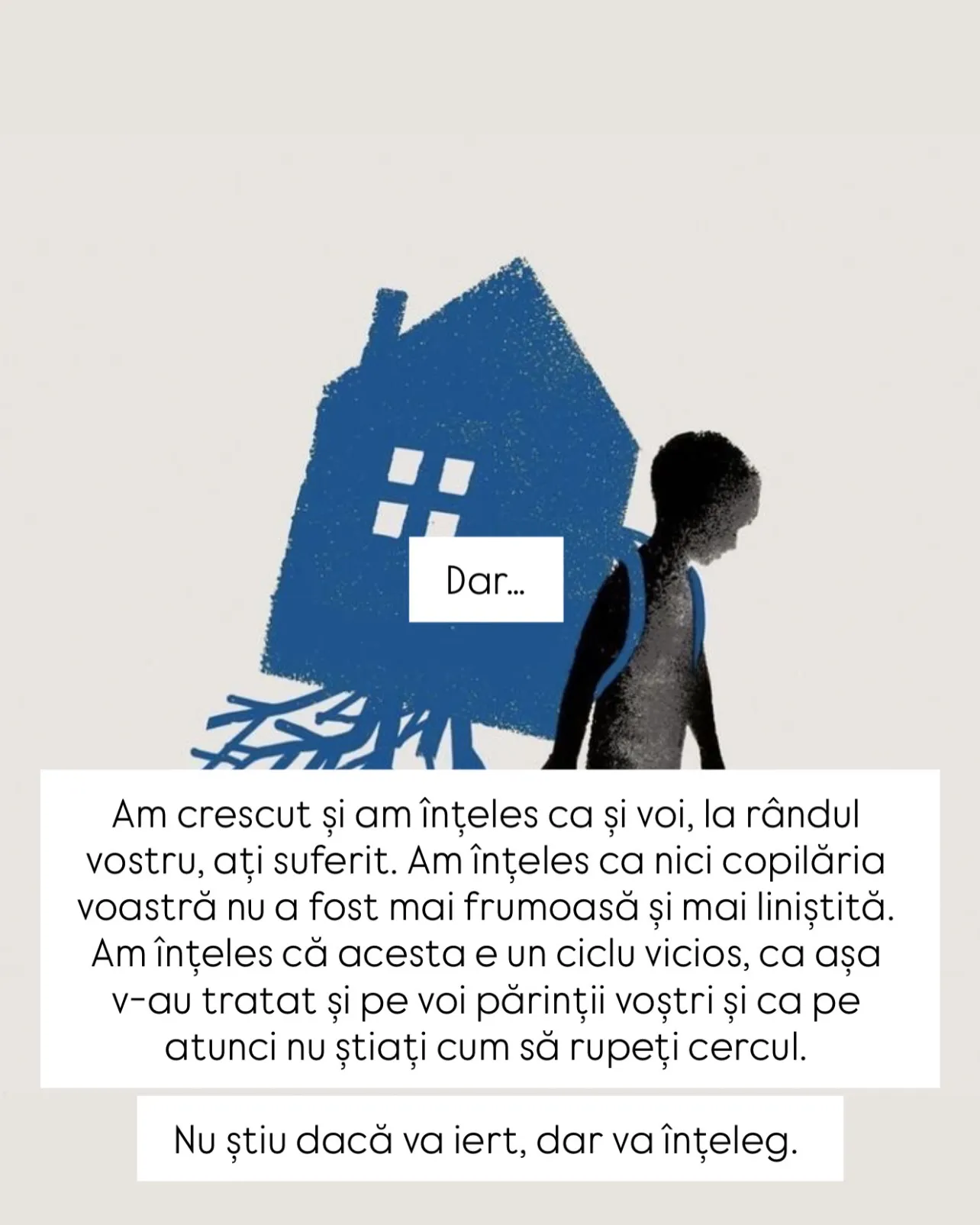 Ilustrație cu un copil care duce în spate o casă albastră cu rădăcini, cu textul scrisorii scris peste