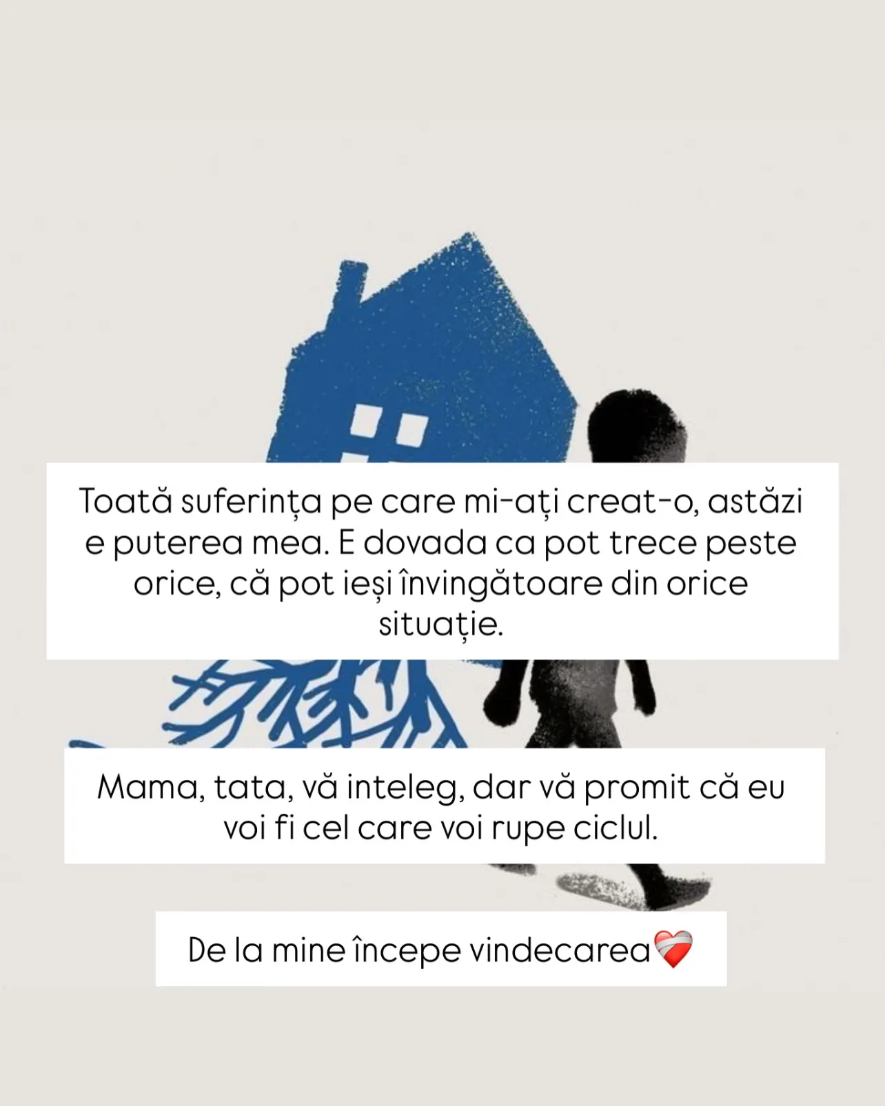 Ilustrație cu un copil care duce în spate o casă albastră cu rădăcini, cu textul scrisorii scris peste