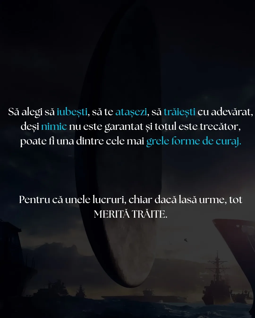 Cadre din filmul Arrival, cu nava neagră suspendată deasupra câmpului, cu textul postării scris peste