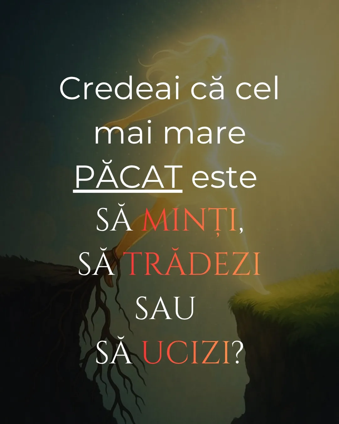 Ilustrație cu o siluetă luminoasă care pășește peste o prăpastie, cu textul postării scris peste