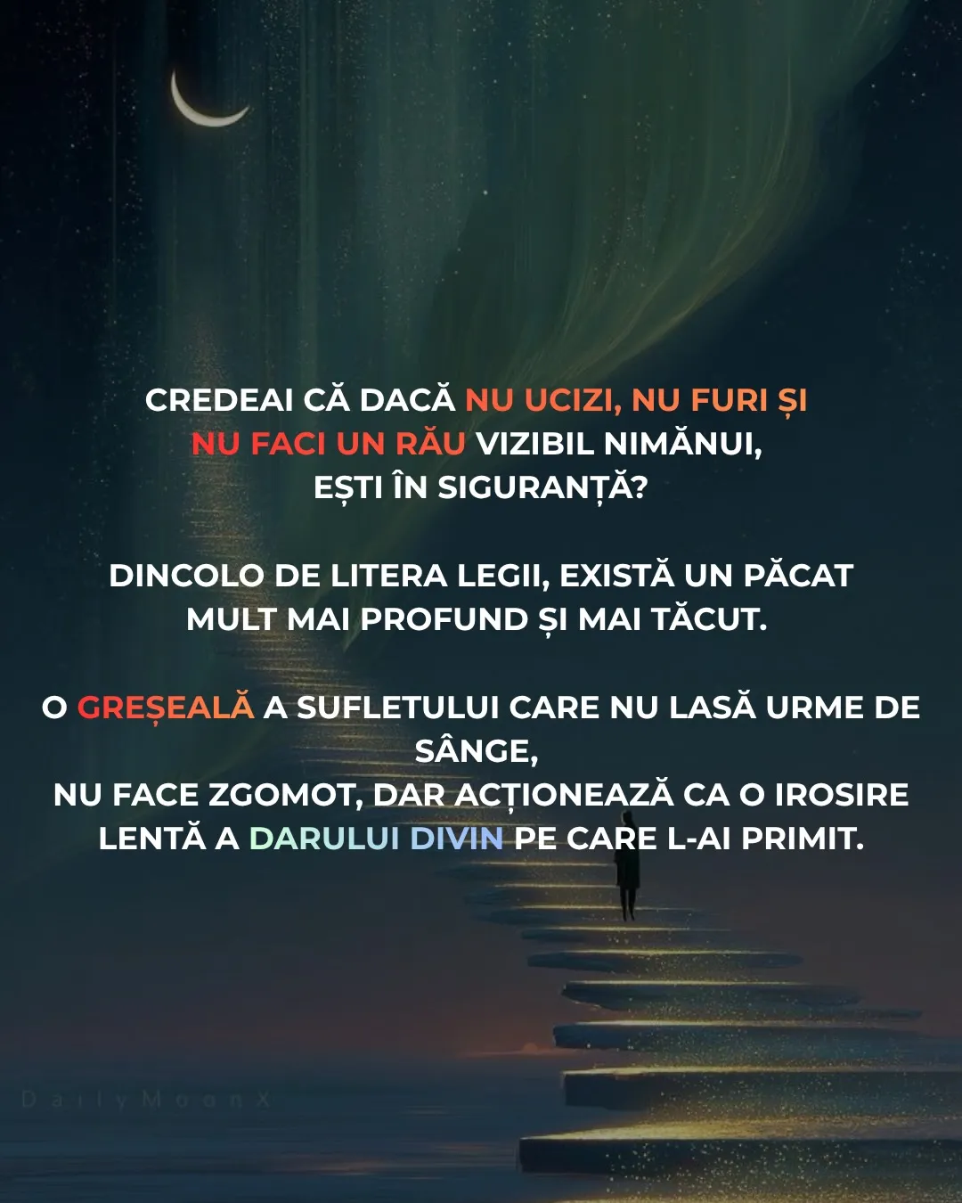 Ilustrație cu o siluetă luminoasă care pășește peste o prăpastie, cu textul postării scris peste