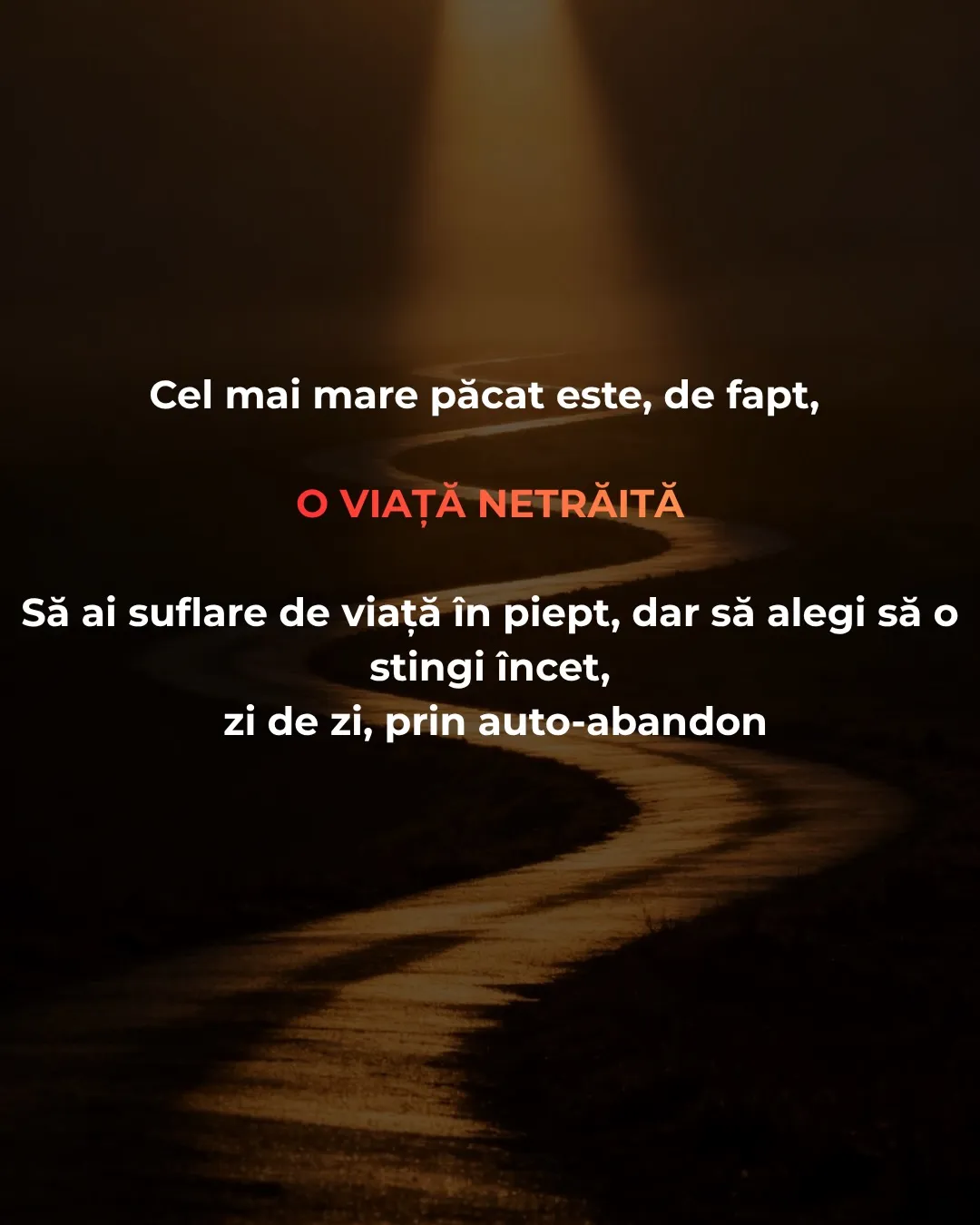 Ilustrație cu o siluetă luminoasă care pășește peste o prăpastie, cu textul postării scris peste