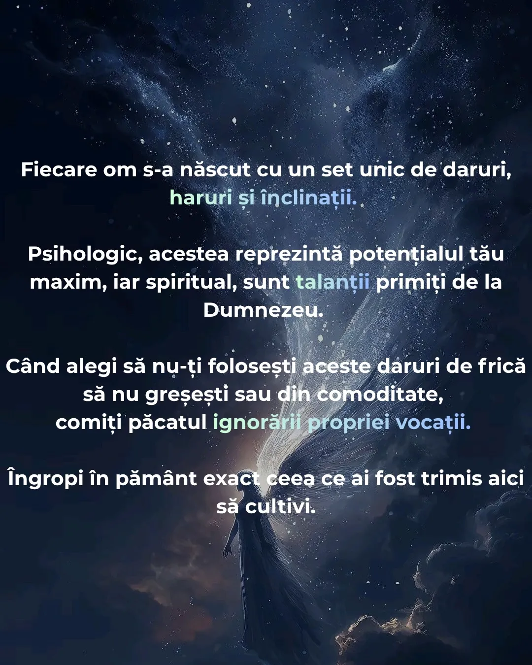 Ilustrație cu o siluetă luminoasă care pășește peste o prăpastie, cu textul postării scris peste