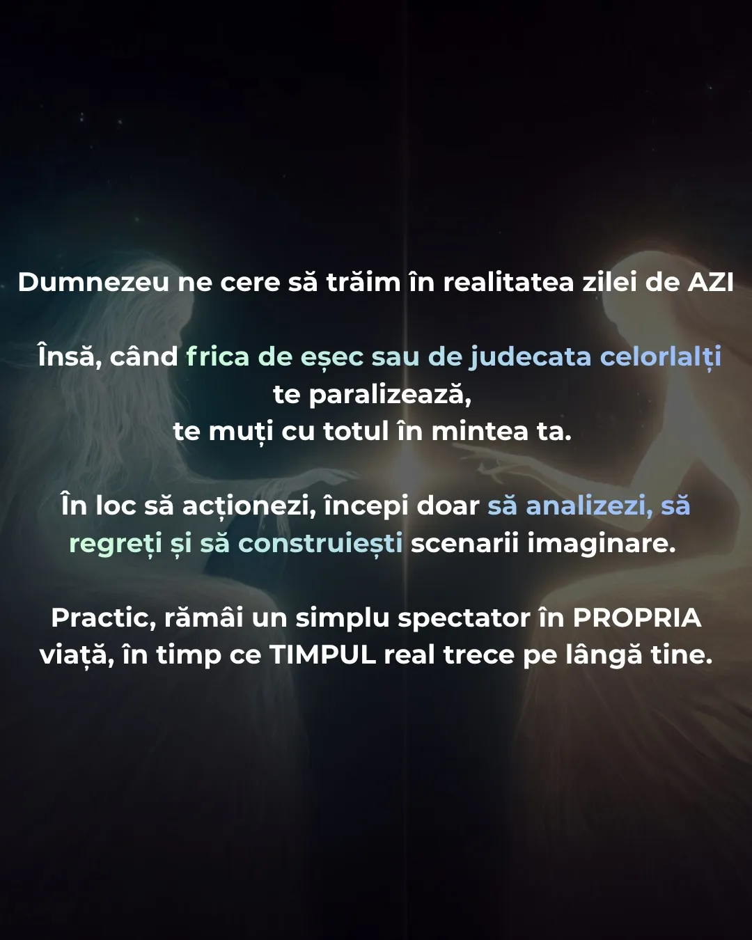 Ilustrație cu o siluetă luminoasă care pășește peste o prăpastie, cu textul postării scris peste