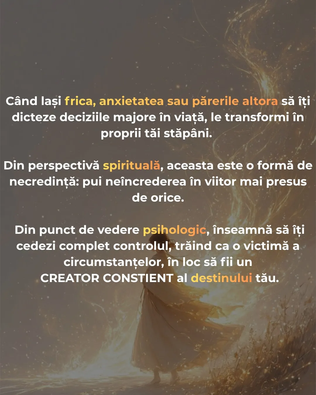 Ilustrație cu o siluetă luminoasă care pășește peste o prăpastie, cu textul postării scris peste