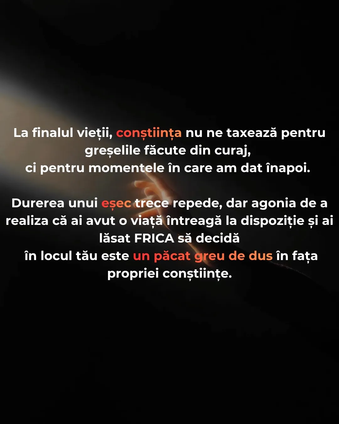 Ilustrație cu o siluetă luminoasă care pășește peste o prăpastie, cu textul postării scris peste