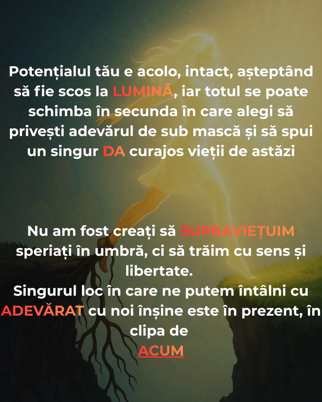 Ilustrație cu o siluetă luminoasă care pășește peste o prăpastie, cu textul postării scris peste