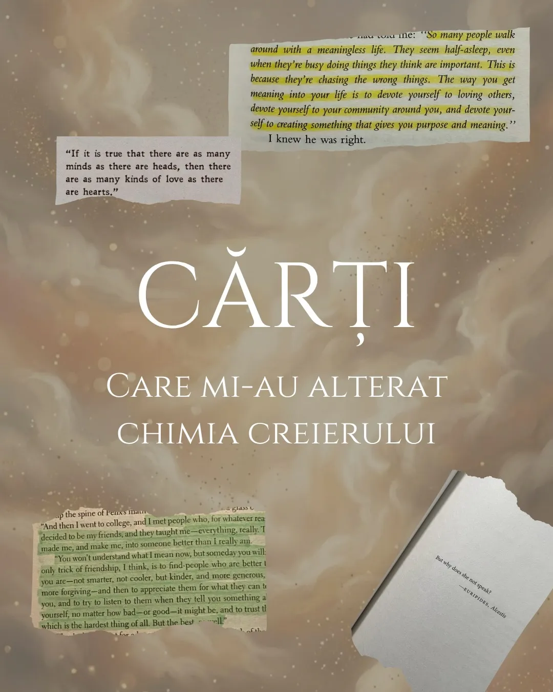 Colaj cu coperțile cărților recomandate, pe un fundal auriu cu pagini decupate