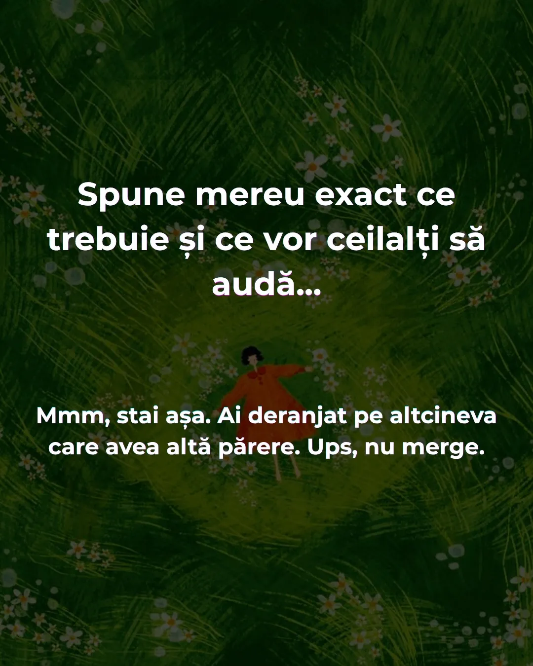 Ilustrație cu o fată în rochie roșie întinsă într-o iarbă verde cu flori albe, cu textul ghidului scris peste
