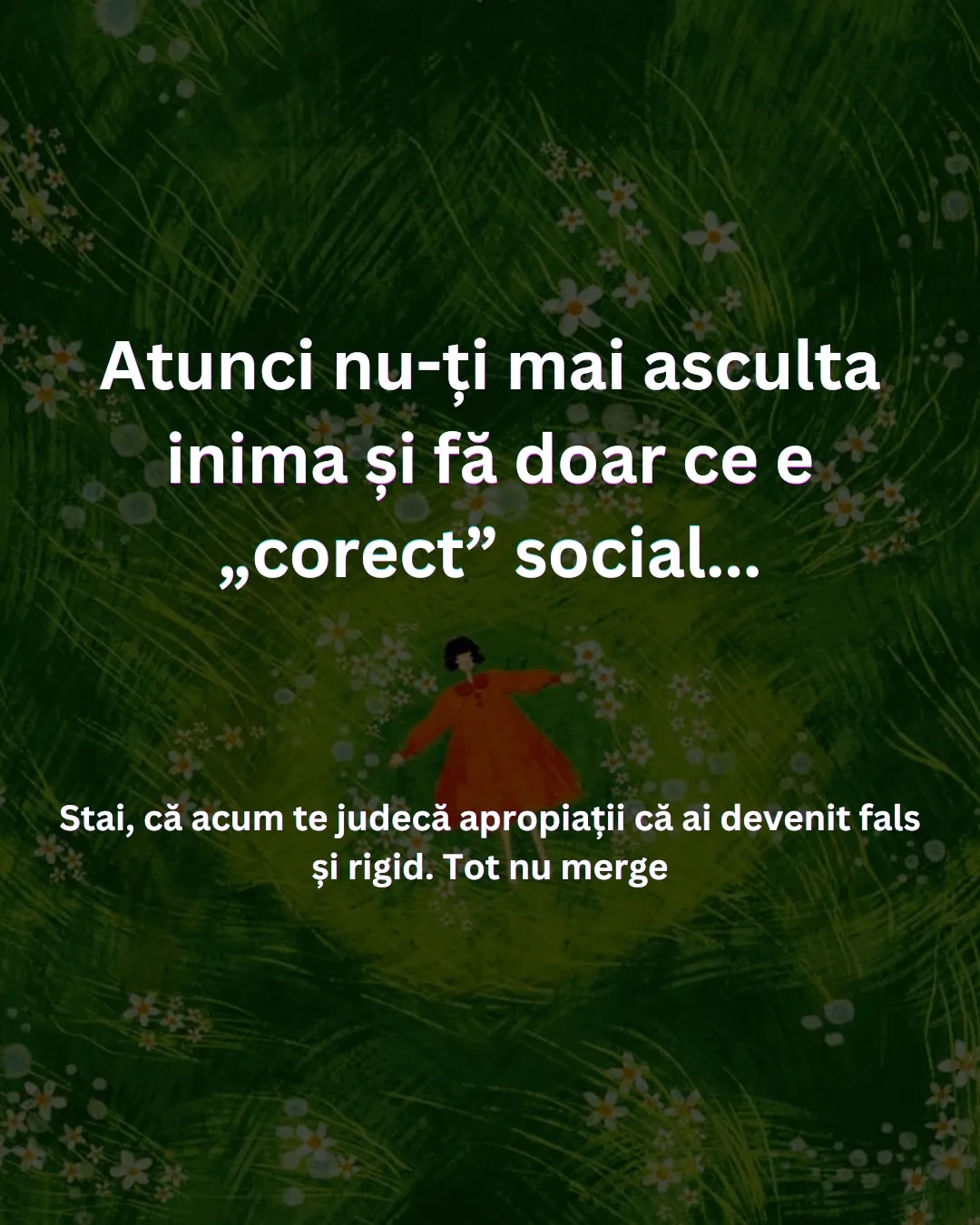 Ilustrație cu o fată în rochie roșie întinsă într-o iarbă verde cu flori albe, cu textul ghidului scris peste