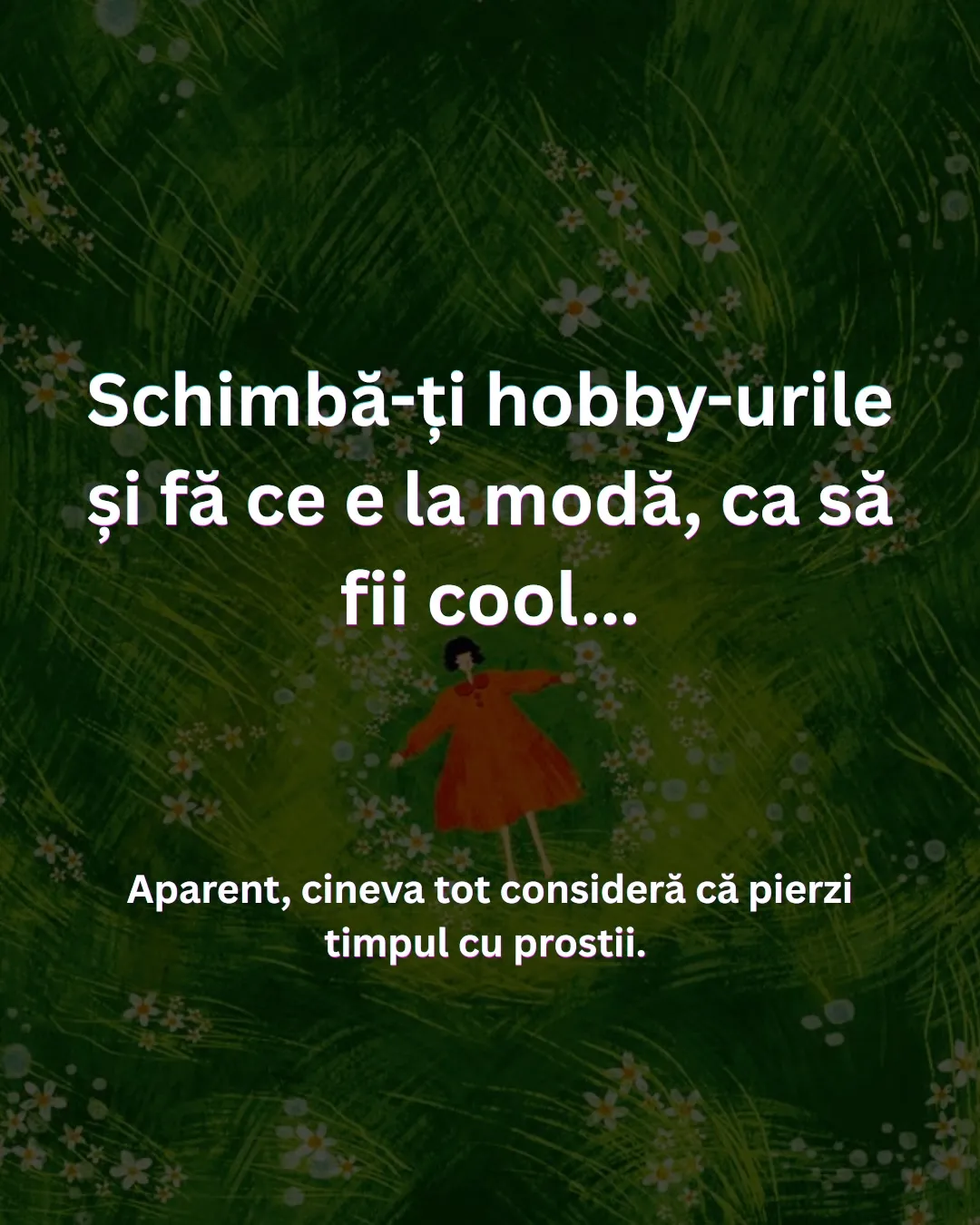 Ilustrație cu o fată în rochie roșie întinsă într-o iarbă verde cu flori albe, cu textul ghidului scris peste
