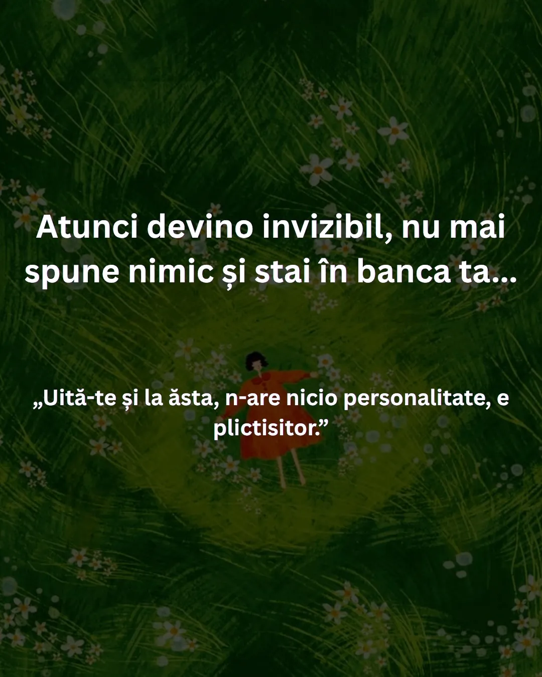 Ilustrație cu o fată în rochie roșie întinsă într-o iarbă verde cu flori albe, cu textul ghidului scris peste