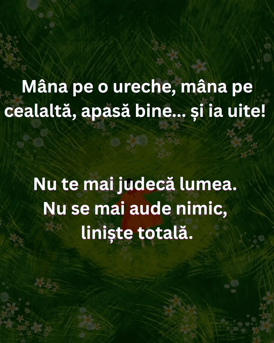 Ilustrație cu o fată în rochie roșie întinsă într-o iarbă verde cu flori albe, cu textul ghidului scris peste