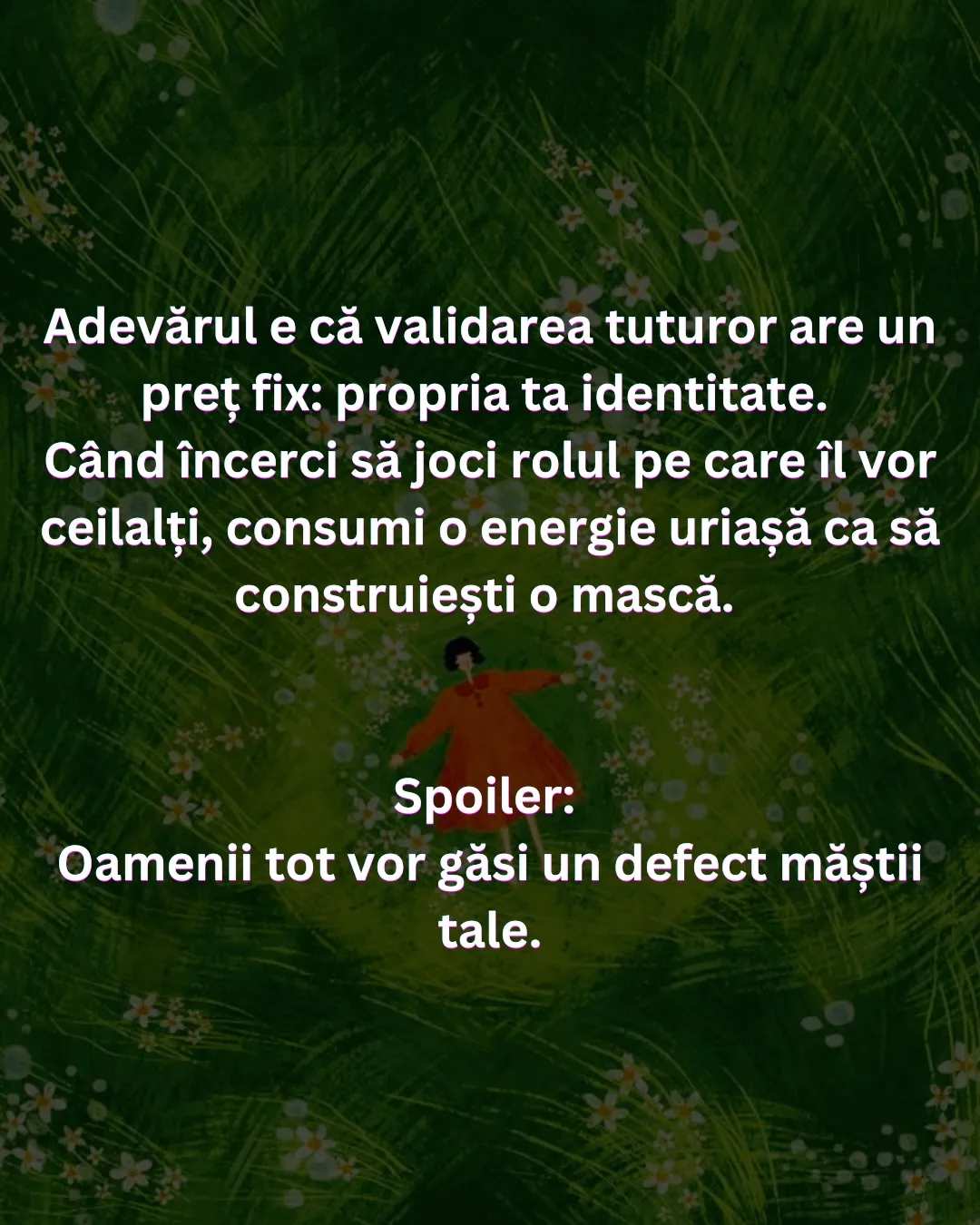 Ilustrație cu o fată în rochie roșie întinsă într-o iarbă verde cu flori albe, cu textul ghidului scris peste