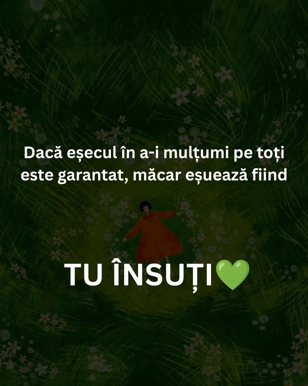 Ilustrație cu o fată în rochie roșie întinsă într-o iarbă verde cu flori albe, cu textul ghidului scris peste