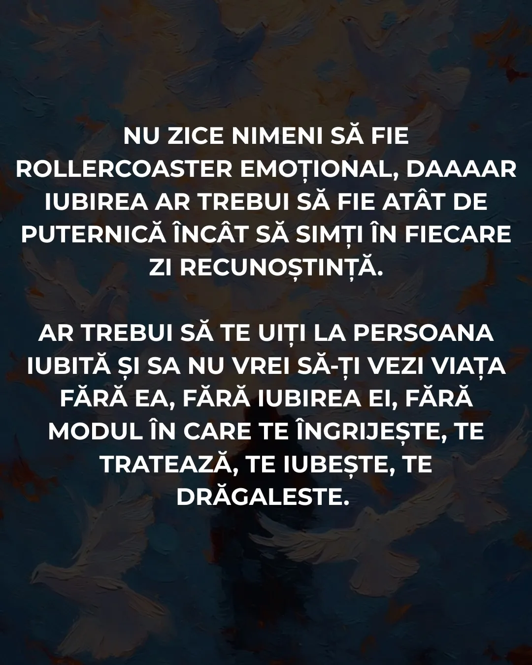 Cadre pictate în tușe albastre cu o siluetă și porumbei, cu text despre ce ar trebui să fie iubirea
