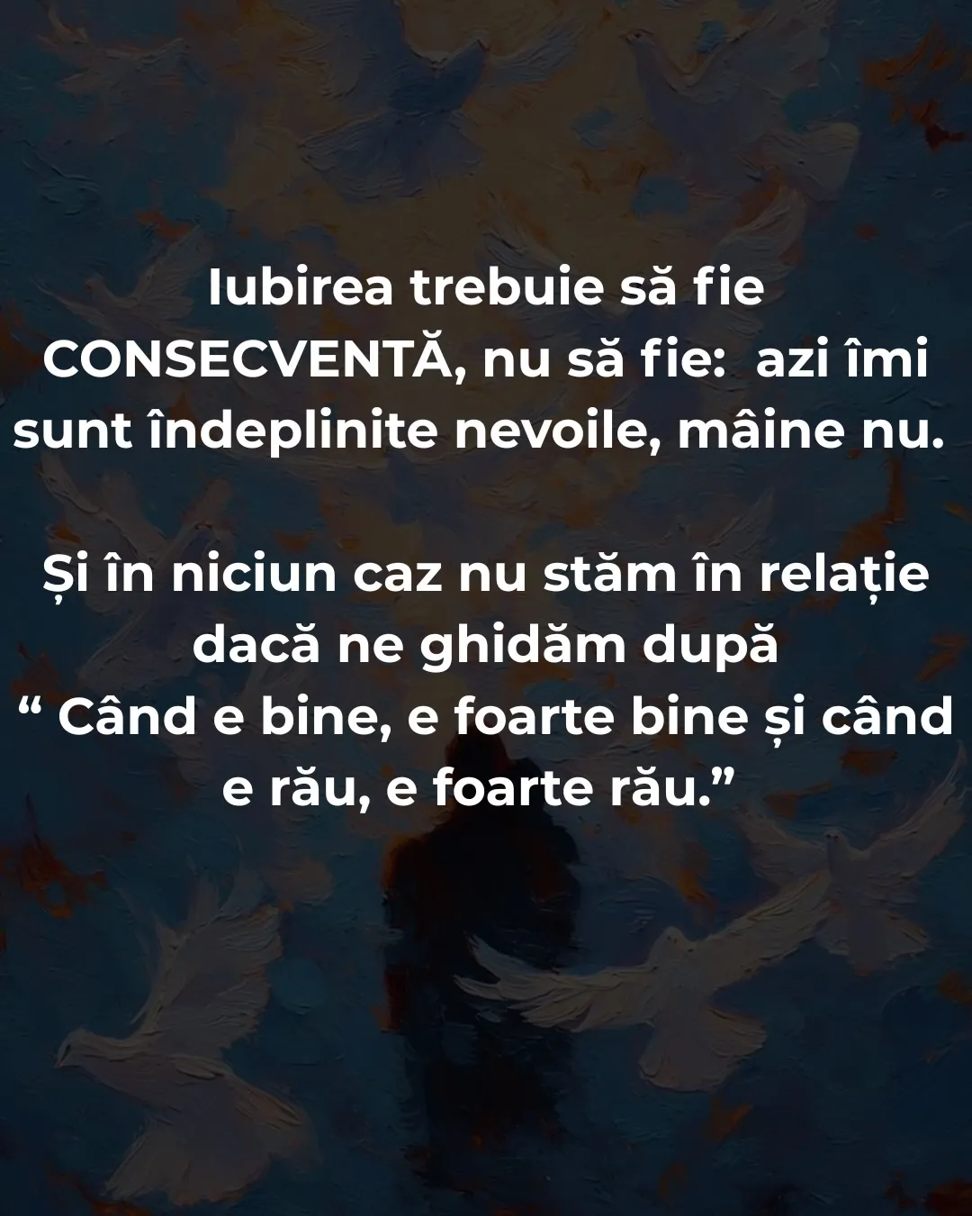 Cadre pictate în tușe albastre cu o siluetă și porumbei, cu text despre ce ar trebui să fie iubirea