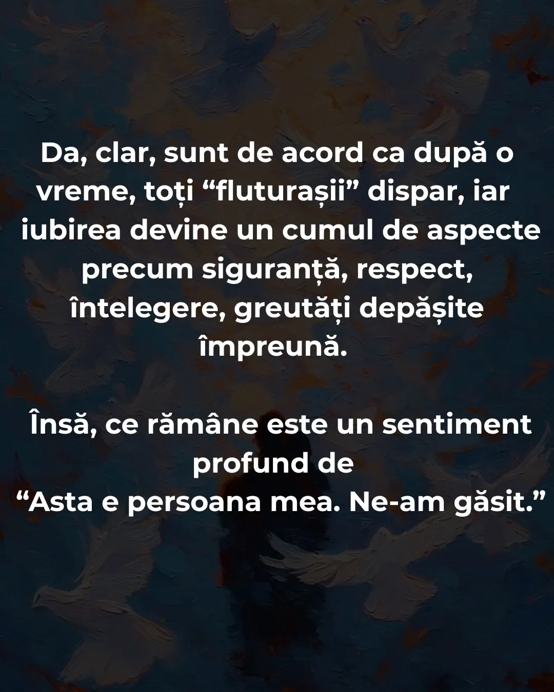 Cadre pictate în tușe albastre cu o siluetă și porumbei, cu text despre ce ar trebui să fie iubirea