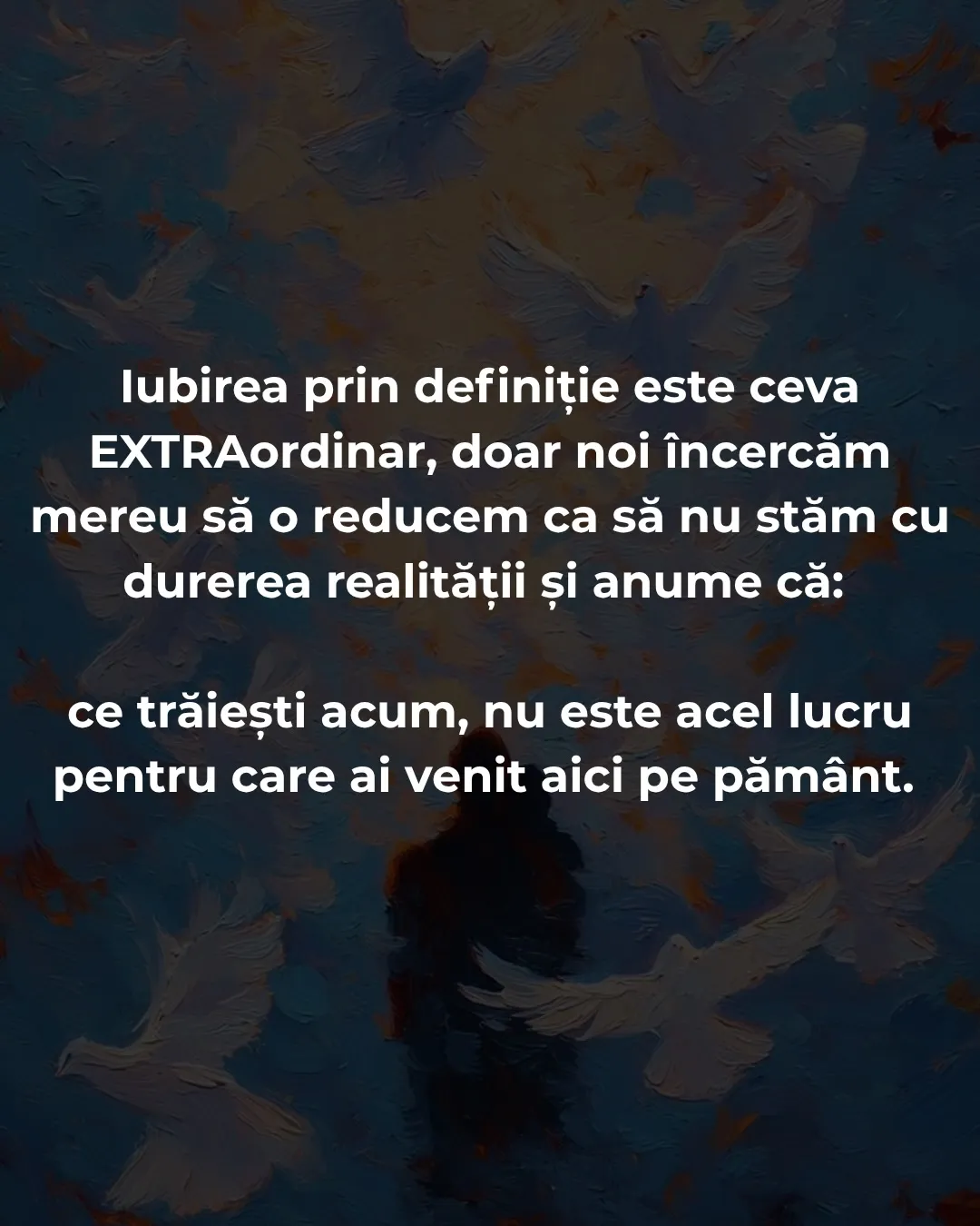 Cadre pictate în tușe albastre cu o siluetă și porumbei, cu text despre ce ar trebui să fie iubirea