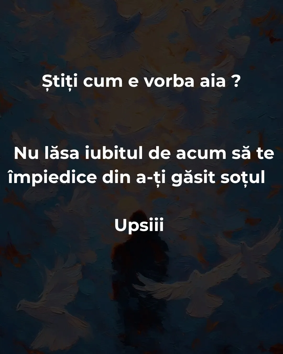 Cadre pictate în tușe albastre cu o siluetă și porumbei, cu text despre ce ar trebui să fie iubirea