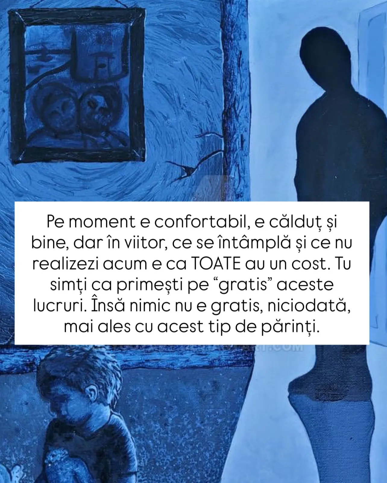 Pictură în tonuri de albastru cu un copil ghemuit și o siluetă întunecată în prag, cu text despre părinții manipulatori