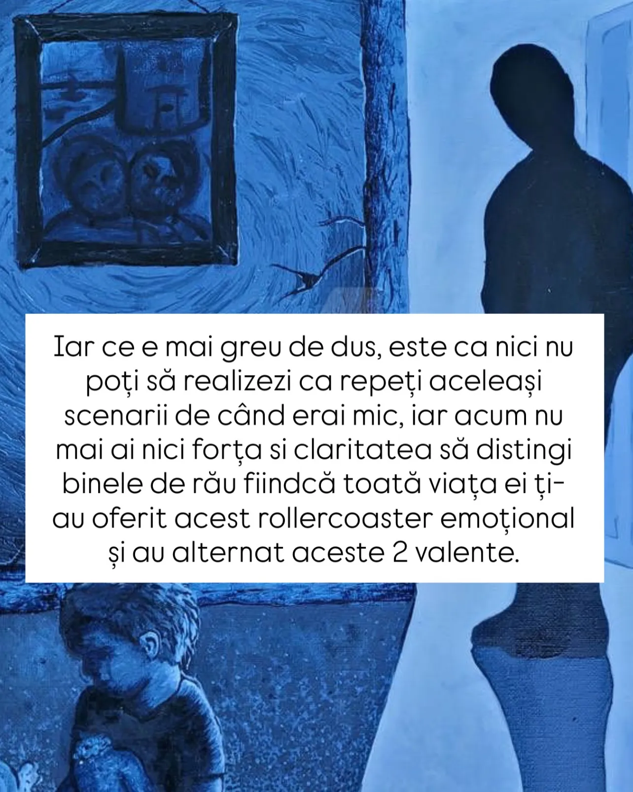Pictură în tonuri de albastru cu un copil ghemuit și o siluetă întunecată în prag, cu text despre părinții manipulatori