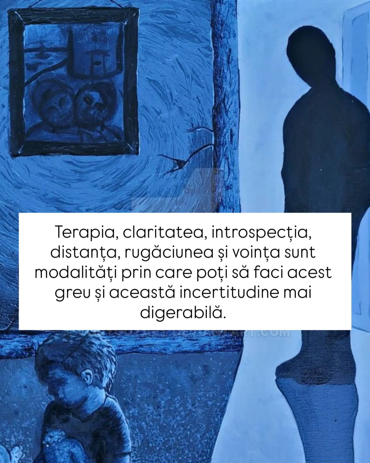 Pictură în tonuri de albastru cu un copil ghemuit și o siluetă întunecată în prag, cu text despre părinții manipulatori