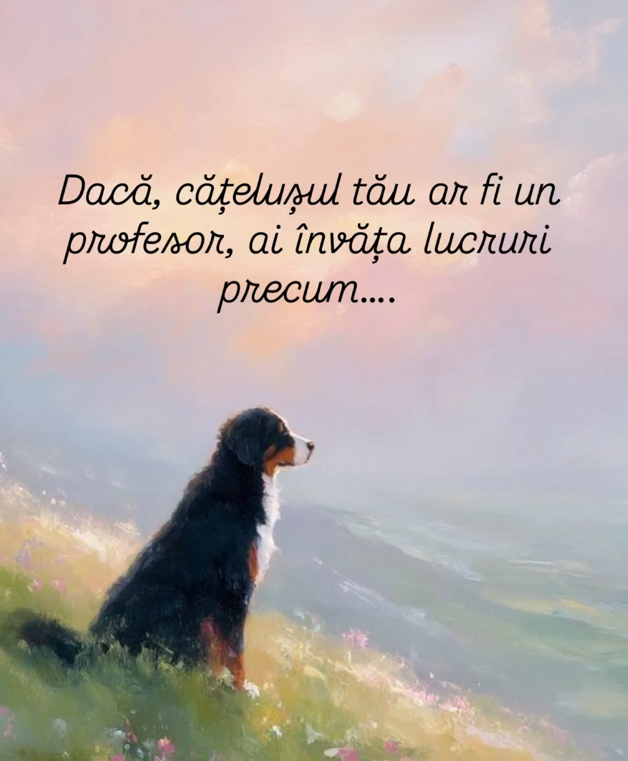 Ilustrații pictate cu câini în natură, fiecare însoțită de o lecție de viață
