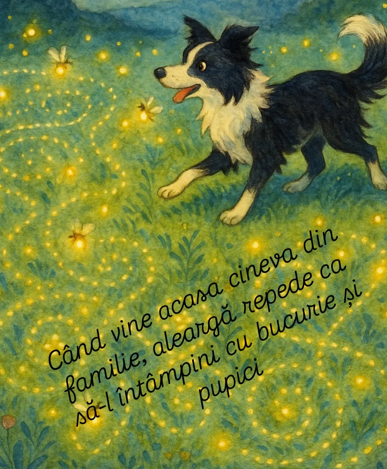 Ilustrații pictate cu câini în natură, fiecare însoțită de o lecție de viață
