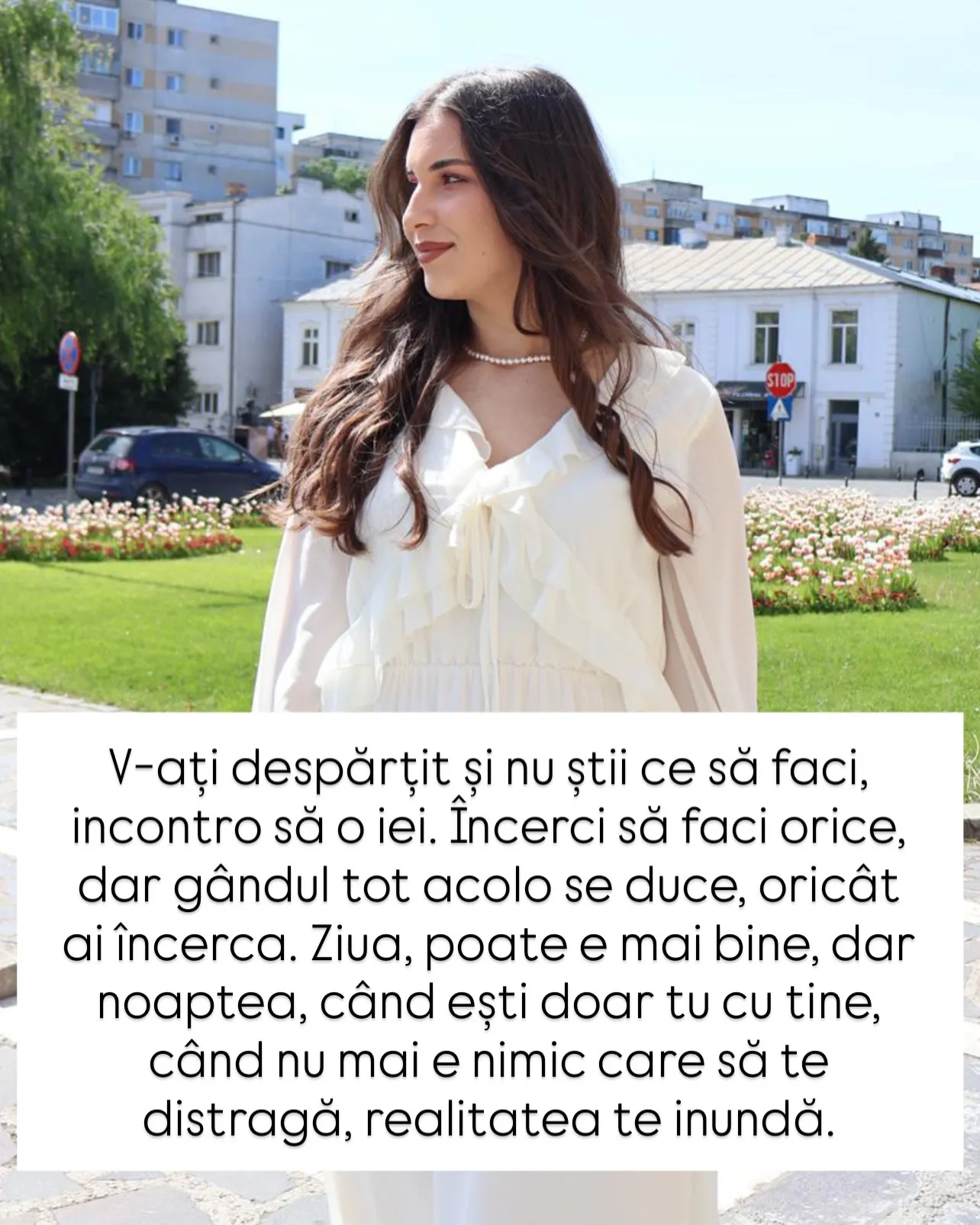 Fotografii cu Nora într-un parc cu lalele, cu text despre primele săptămâni de după o despărțire