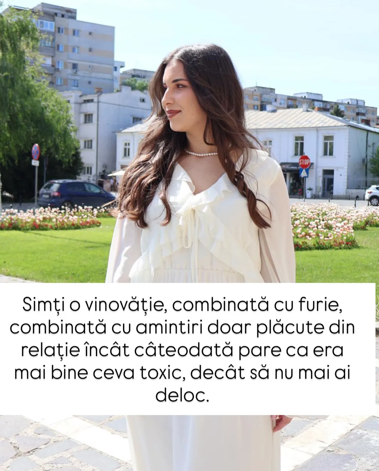 Fotografii cu Nora într-un parc cu lalele, cu text despre primele săptămâni de după o despărțire