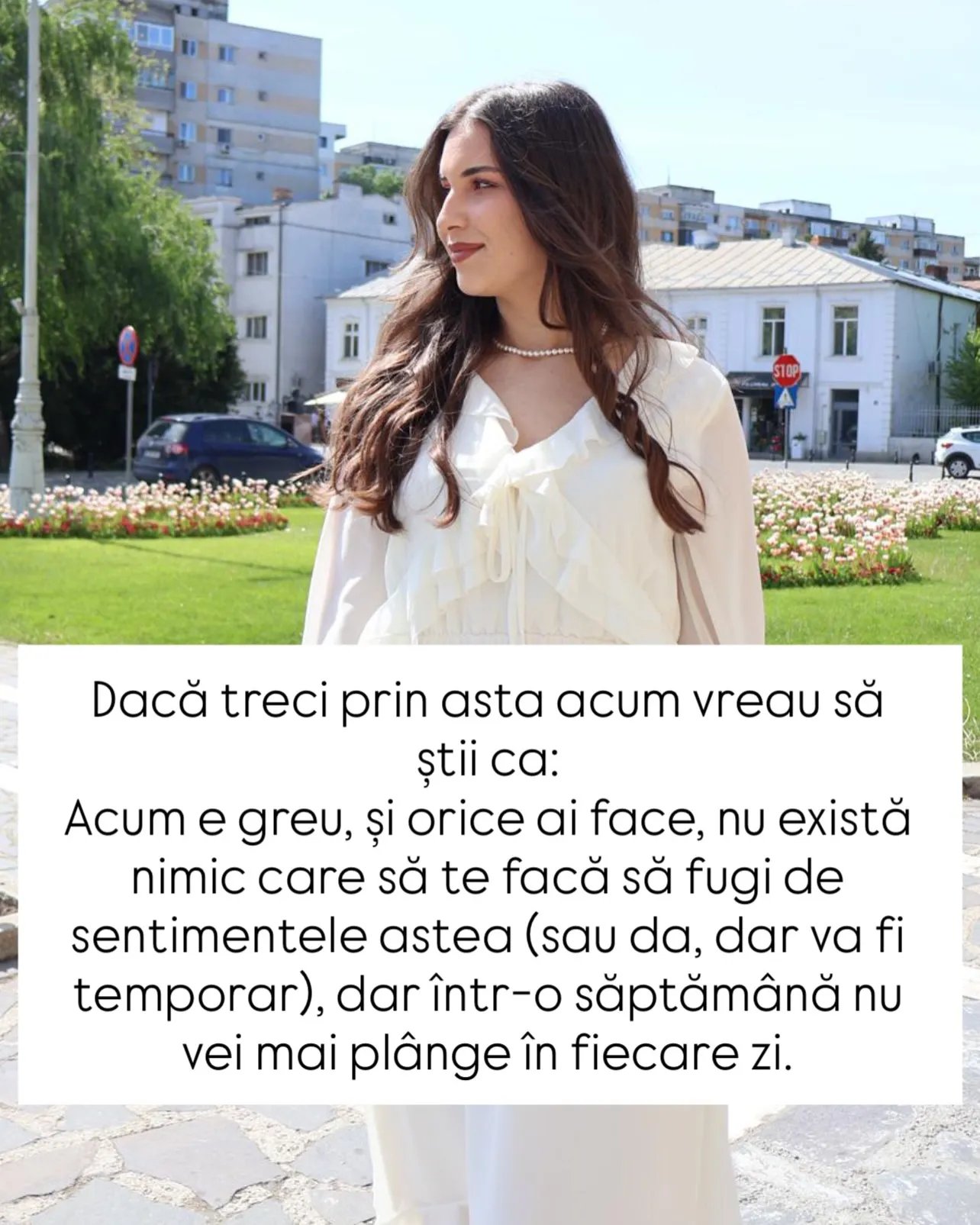 Fotografii cu Nora într-un parc cu lalele, cu text despre primele săptămâni de după o despărțire