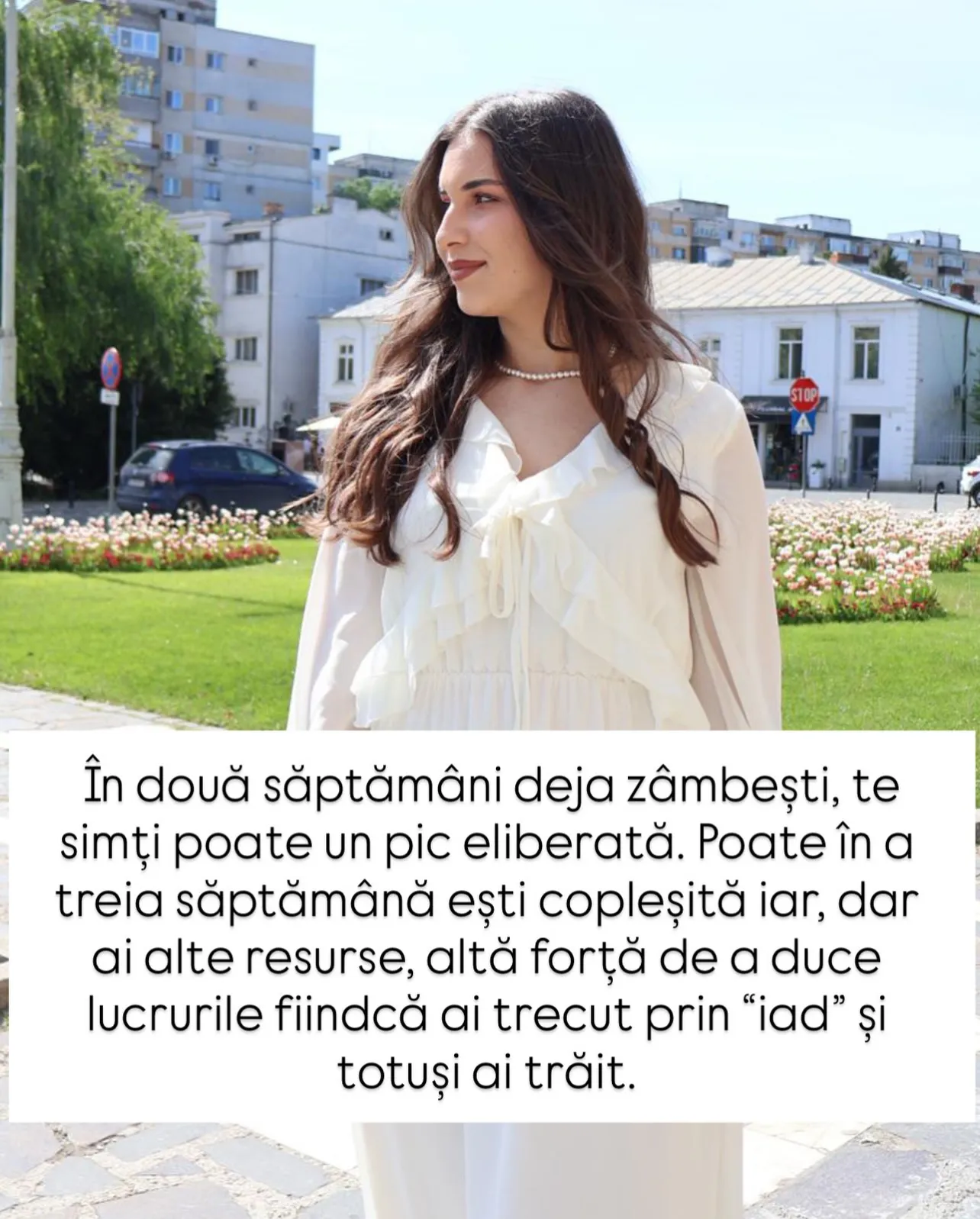 Fotografii cu Nora într-un parc cu lalele, cu text despre primele săptămâni de după o despărțire