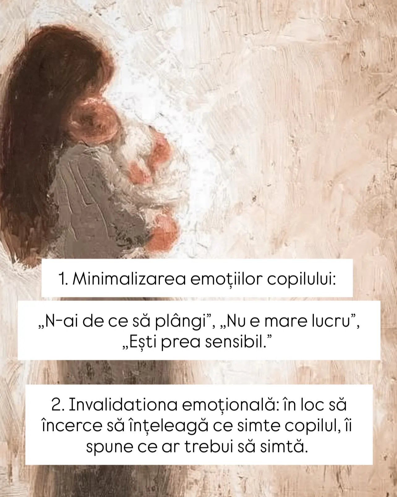 Pictură în tușe groase cu o mamă ținând în brațe un copil, cu text despre inteligența emoțională a părinților