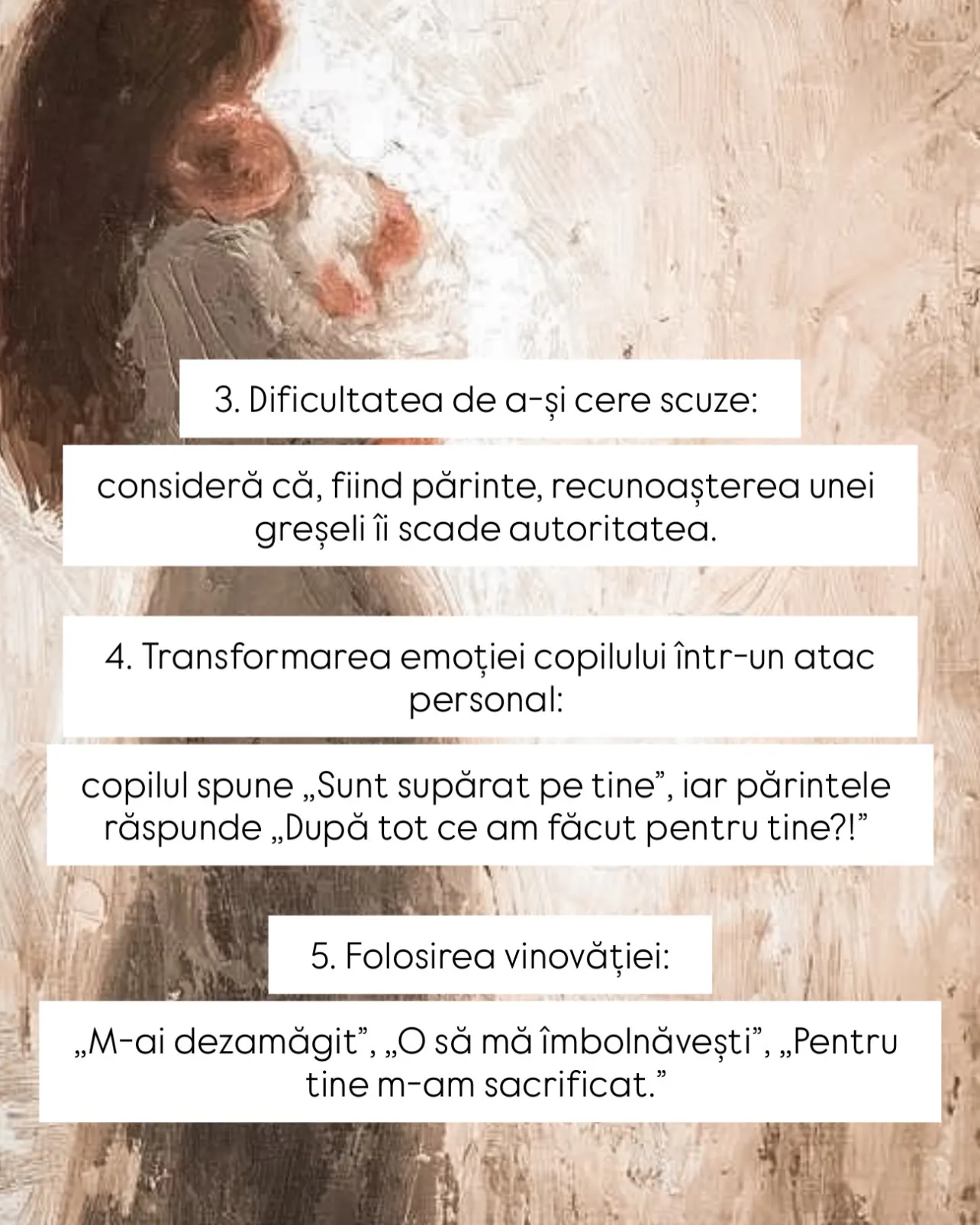 Pictură în tușe groase cu o mamă ținând în brațe un copil, cu text despre inteligența emoțională a părinților