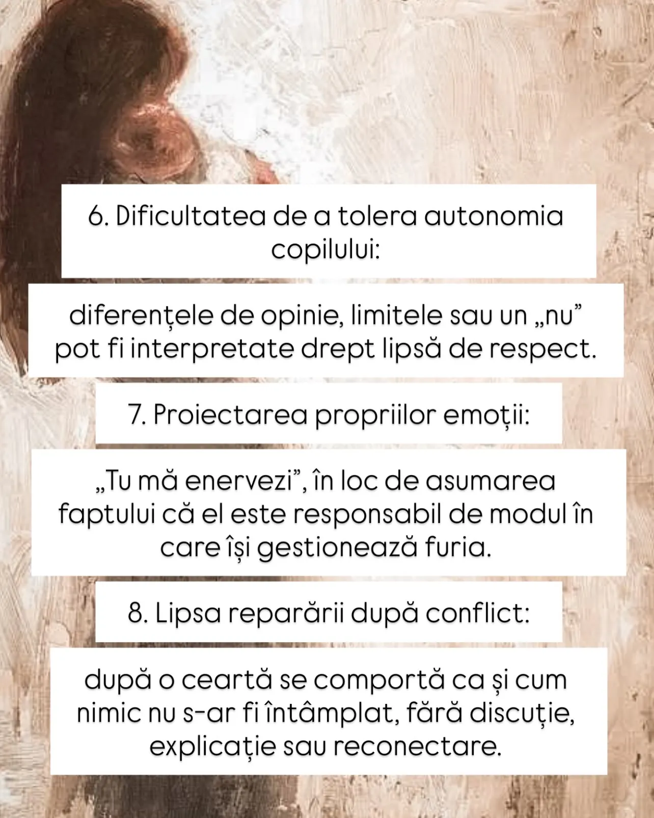 Pictură în tușe groase cu o mamă ținând în brațe un copil, cu text despre inteligența emoțională a părinților