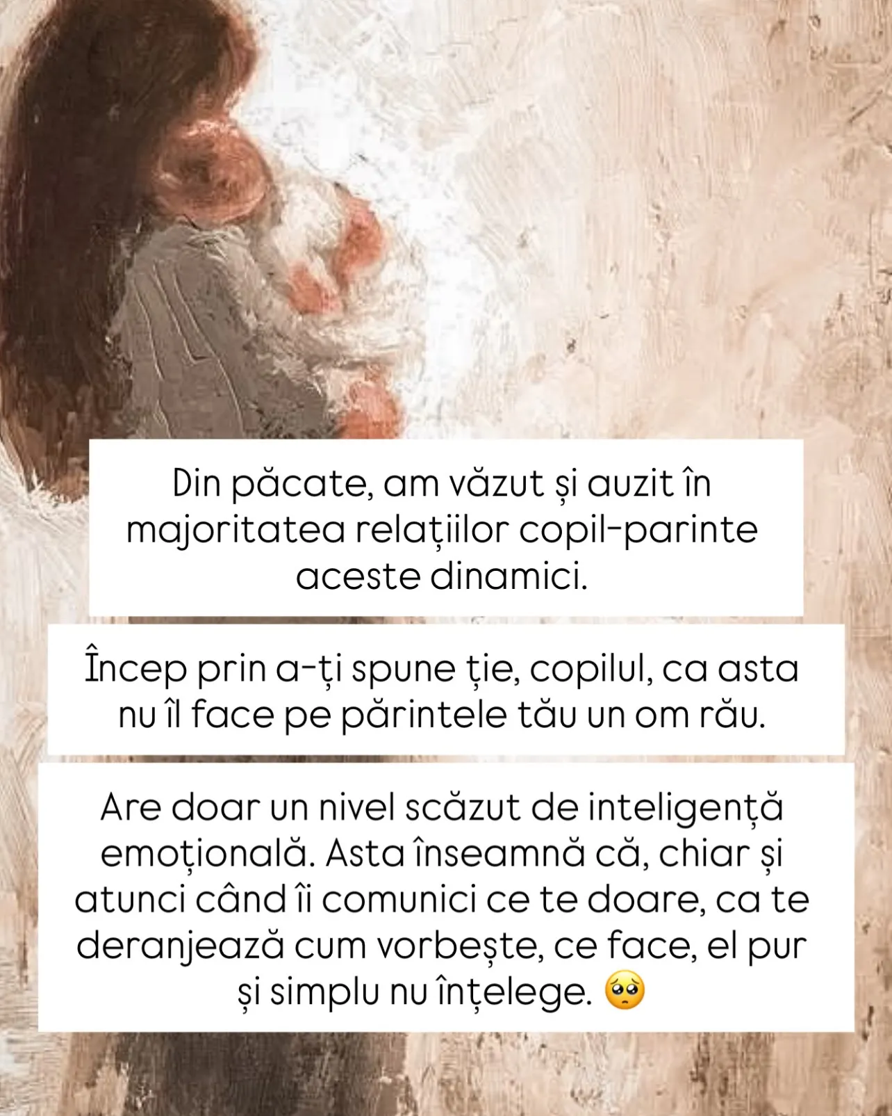 Pictură în tușe groase cu o mamă ținând în brațe un copil, cu text despre inteligența emoțională a părinților