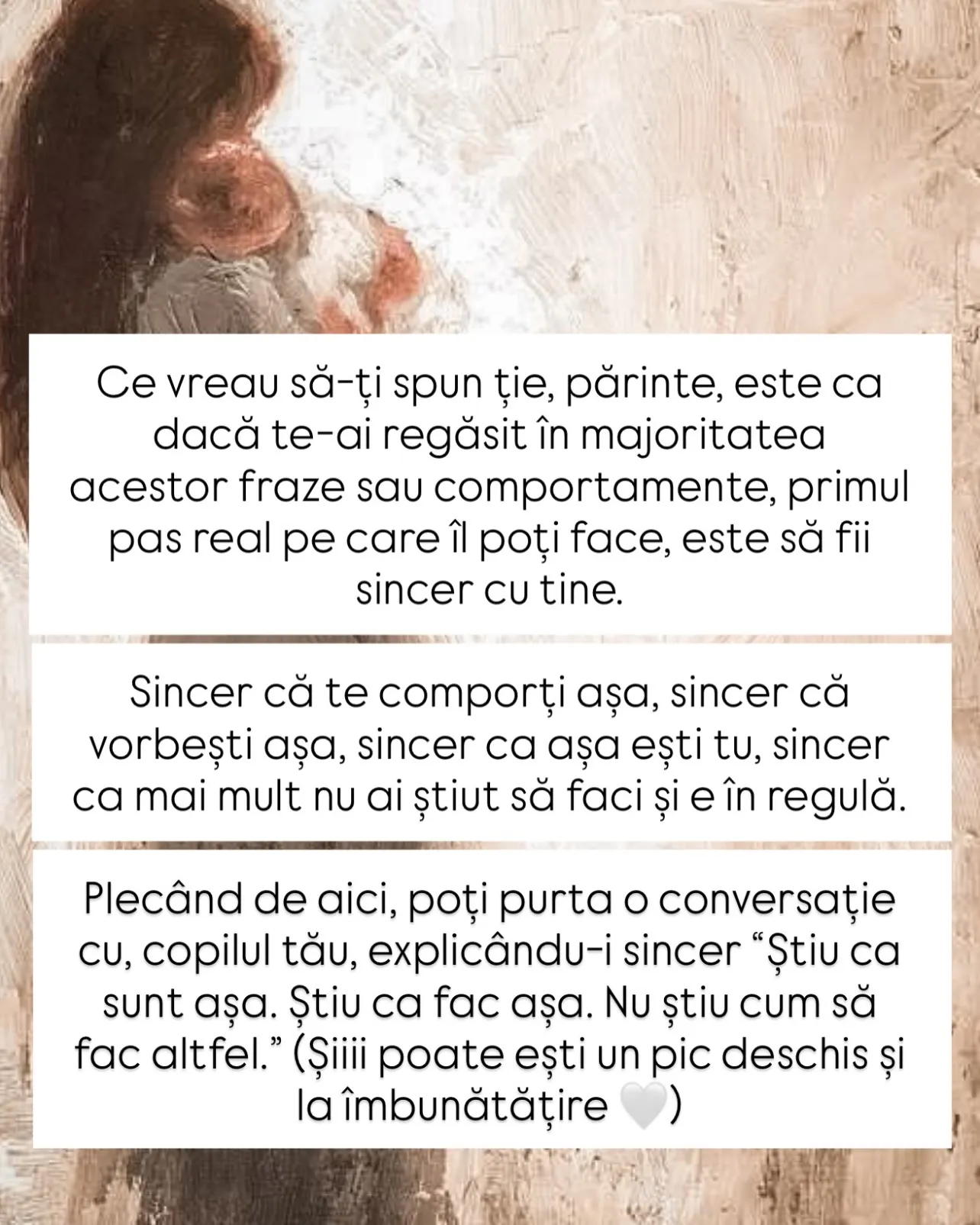 Pictură în tușe groase cu o mamă ținând în brațe un copil, cu text despre inteligența emoțională a părinților