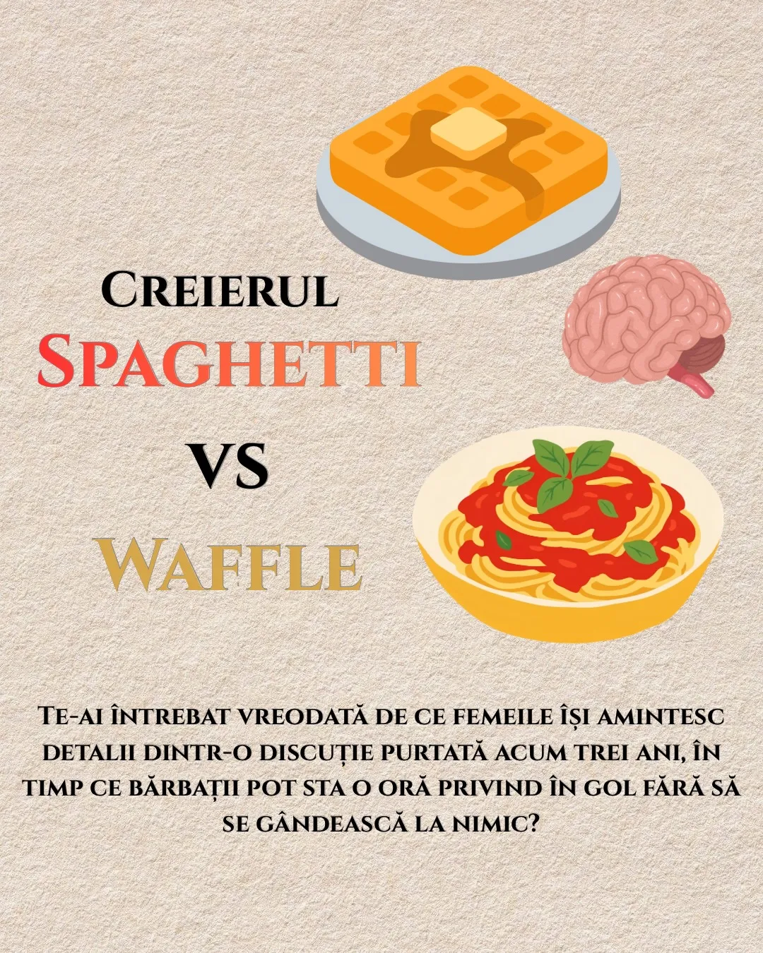 Ilustrații cu o farfurie de spaghetti și un waffle, folosite ca metaforă pentru două feluri de a procesa informația