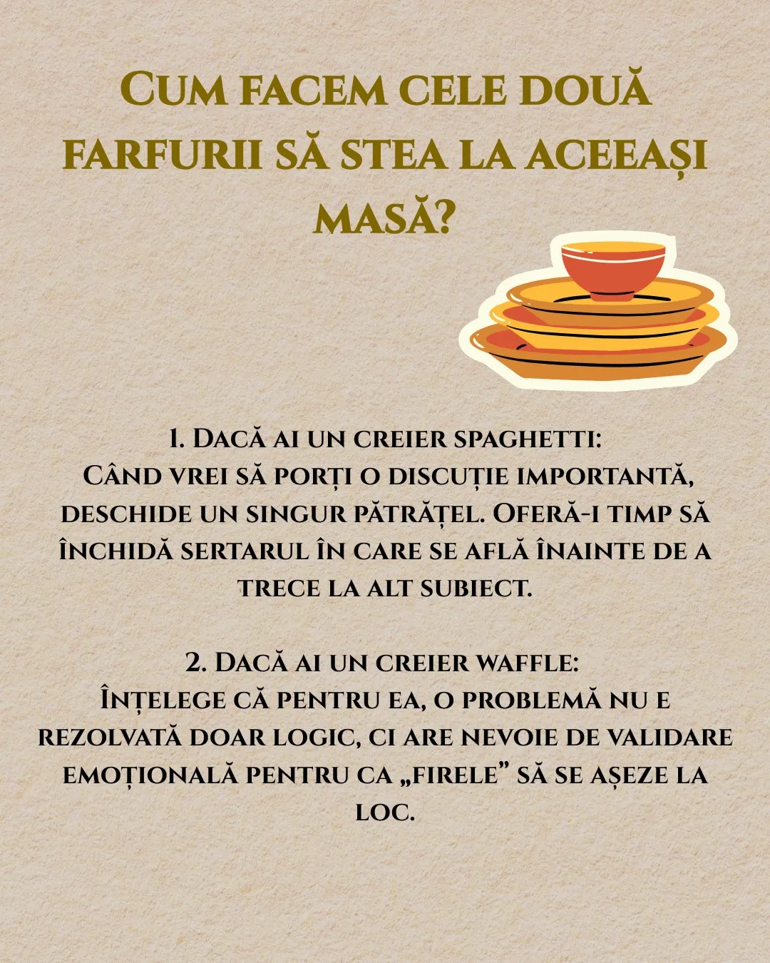 Ilustrații cu o farfurie de spaghetti și un waffle, folosite ca metaforă pentru două feluri de a procesa informația