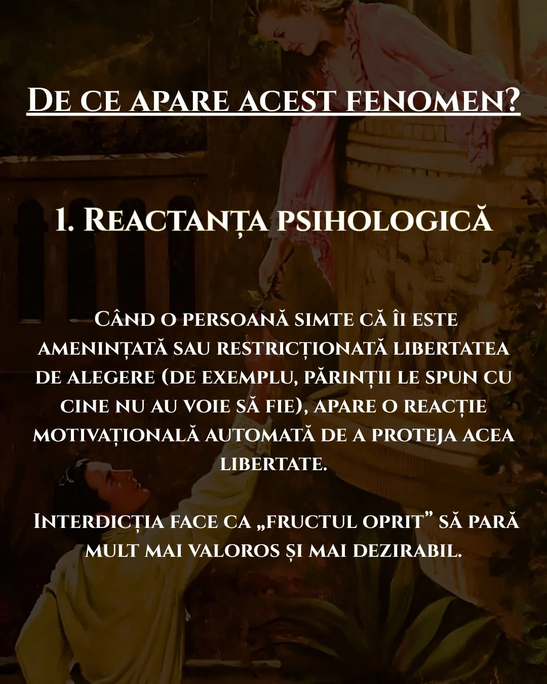 Pictură clasică cu Romeo și Julieta la balcon, cu text despre efectul opoziției părinților asupra unei relații