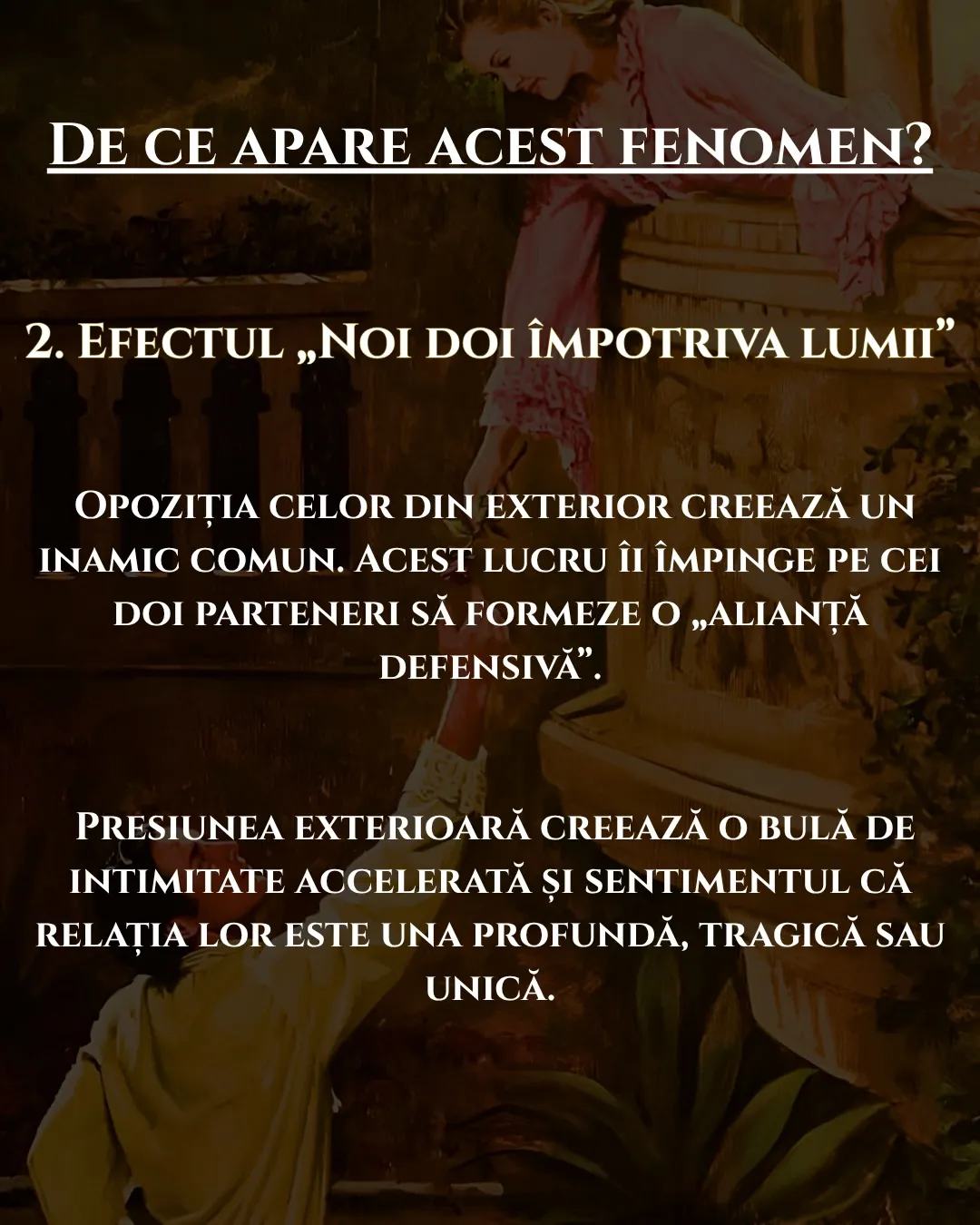 Pictură clasică cu Romeo și Julieta la balcon, cu text despre efectul opoziției părinților asupra unei relații